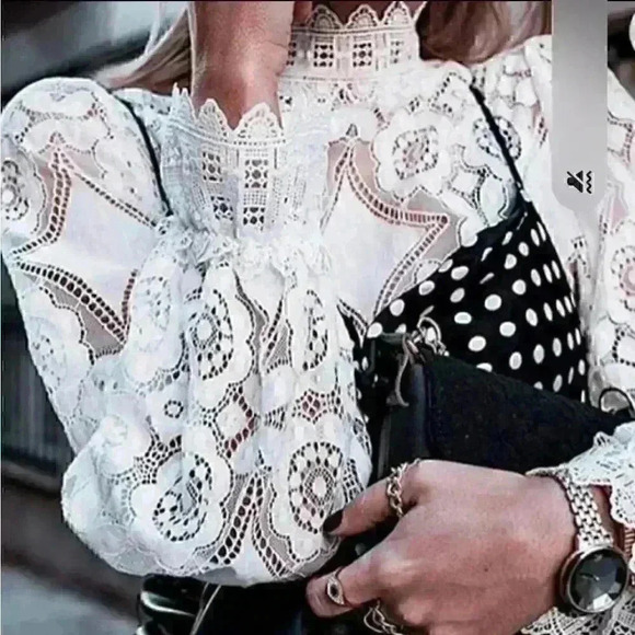 Restocking White Lace High Neck Long Sleeve Shirt - Picture 5 of 11